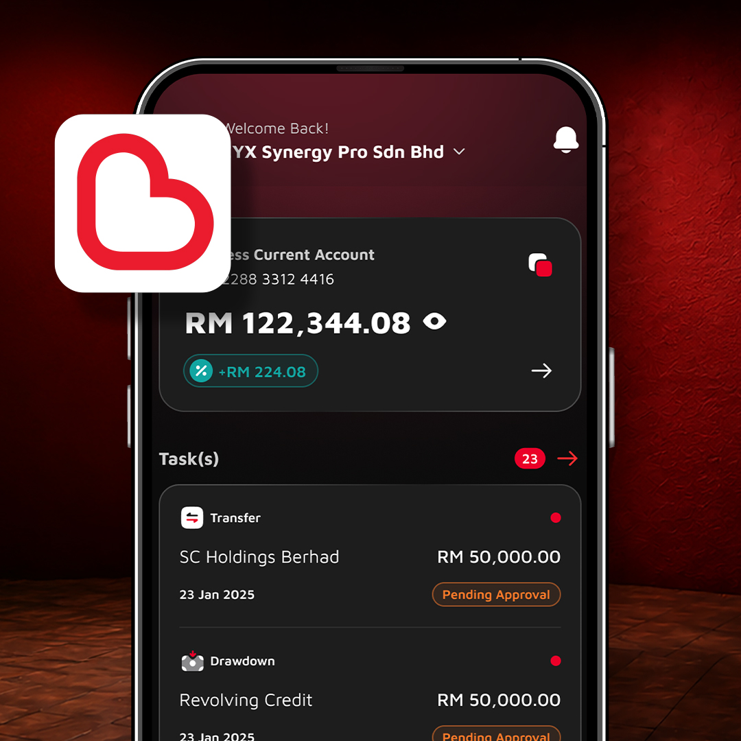 Boost app icon beside a phone showing business banking balance and tasks, ready for Malaysian SME owners to sign up