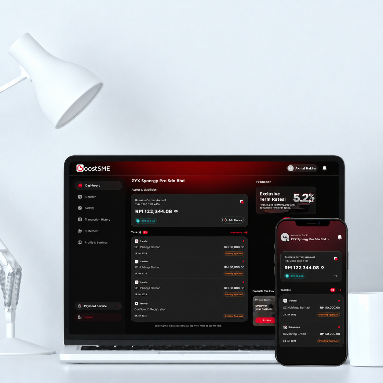 Boost SME dashboard on laptop and phone showing business banking, account balance and pending approvals in one platform