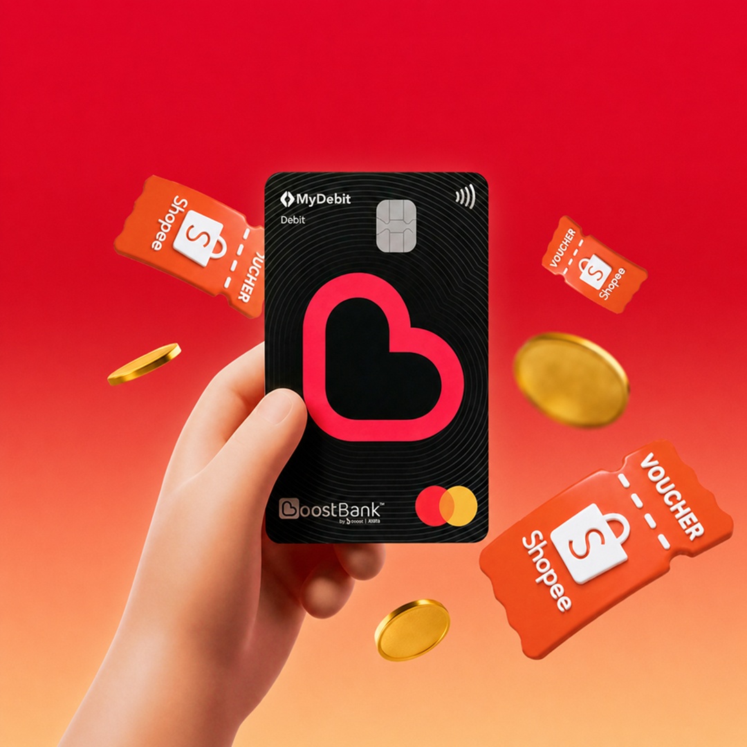 Apply and spend online with your Boost Bank Debit Card. Meet the spend criteria to win Shopee vouchers.